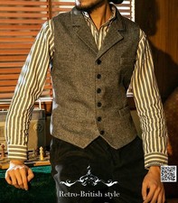 Hot Mens British Style Wool Blend Vest Tweed Herringbone Lapel Waistcoat Vest