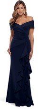 Xscape Long Scuba Off-The-Shoulder Ruffle Dress NWOT size 12 Navy Blue