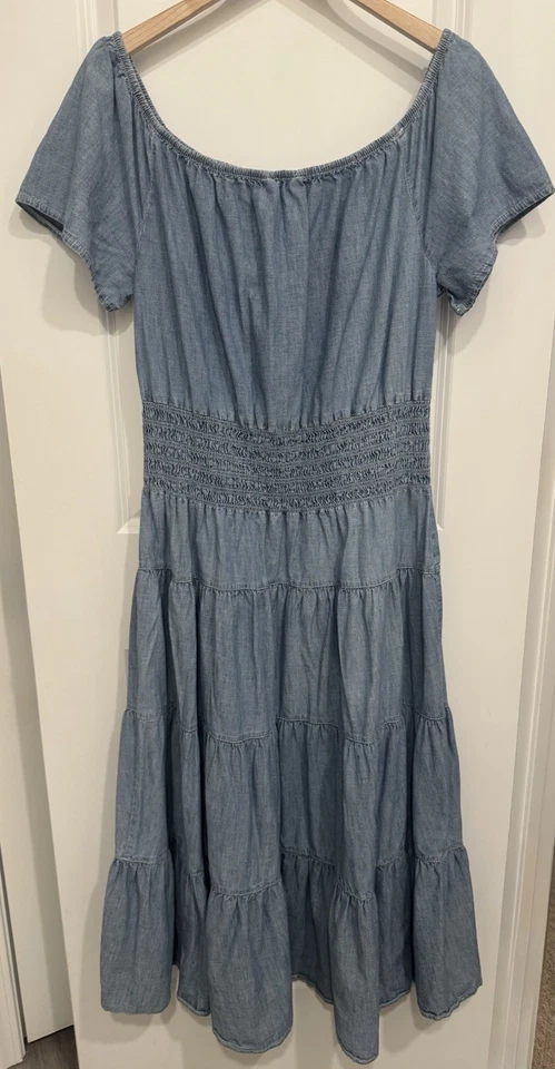 Maxi Vestido Lauren Ralph Lauren Para Mujer 6 Cambray Azul Cintura Ajustada en Niveles Boho Foto 2 de 4