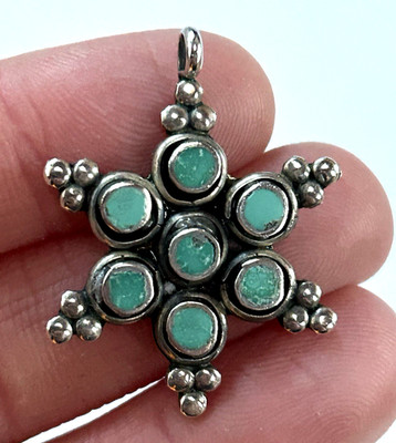 Vintage Navajo Coin Silver Turquoise Star Snowflake Pendant 