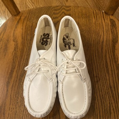 Women's 9 M SAS Shoes Siesta White Leather Oxford Nursing Lace-Up Wedge Comfort