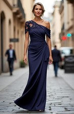 Navy Long Mermaid Asymmetrical Mother of the Bride/Groom Dress with Appliques