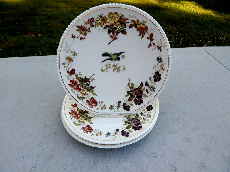 SET OF FOUR 1873 CAULDON (ENGLAND) 8 1/2" PLATES W/ BLUEBIRDS & FLOWERS 