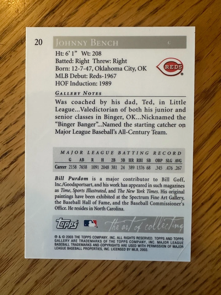 2003 Topps Gallery Hall of Fame Johnny Bench Artists Proof Parallel #20 Reds HOF - Image 2 of 2