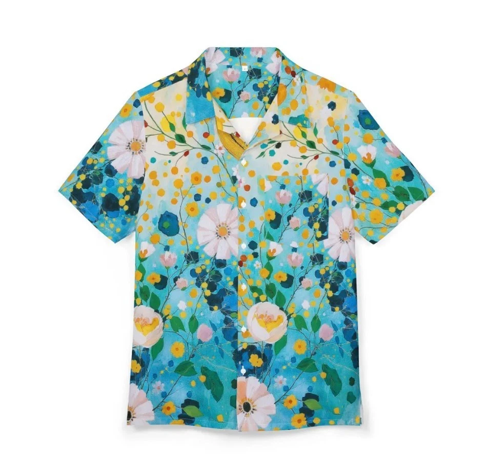 Hawaiian Button-Down Shirt (AOP), Spring Floral Blue Button Up Hawaiian Shirt