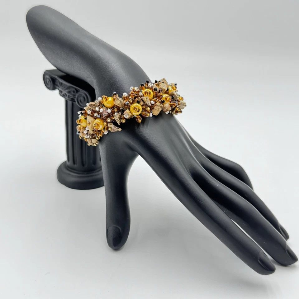 Brazalete tejido ámbar dorado con cuentas de vidrio astillado piedra boho ajustable 6,5" Foto 3 de 4