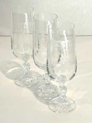 Bohemia Queens Lace Etched Crystal Crystalex Champagne Glasses Set Of 3