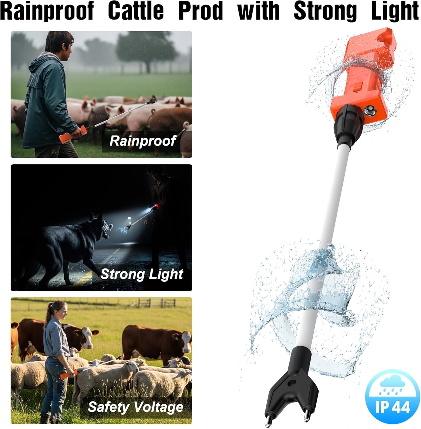 Prod Waterproof Electric Cattle Prod Rechargeable Livestock Shock Stick w ...