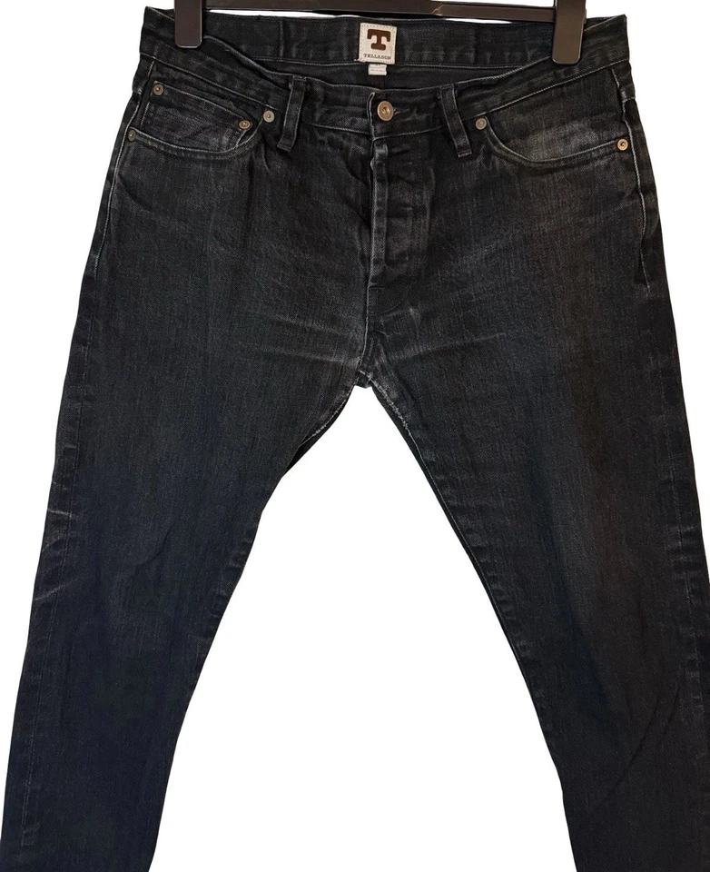 Jeans con ribete TELLASON Japón Denim Gustave Slim Taper Hombres 34x31 Negro Lavado oscuro Foto 2 de 4