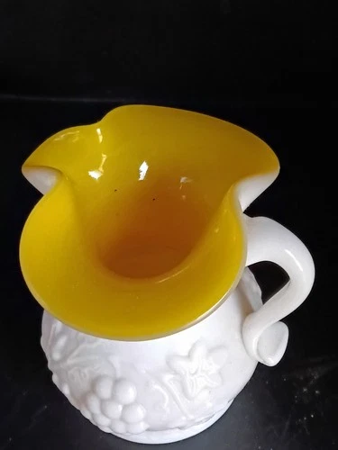 Vintage Kanawha Yellow encased In milk glass Miniature pitcher Embossed Grapes