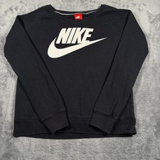 Nike Sweatshirt Womens Medium Black Sportswear Club Fleece Swoosh Logo Crew Neck