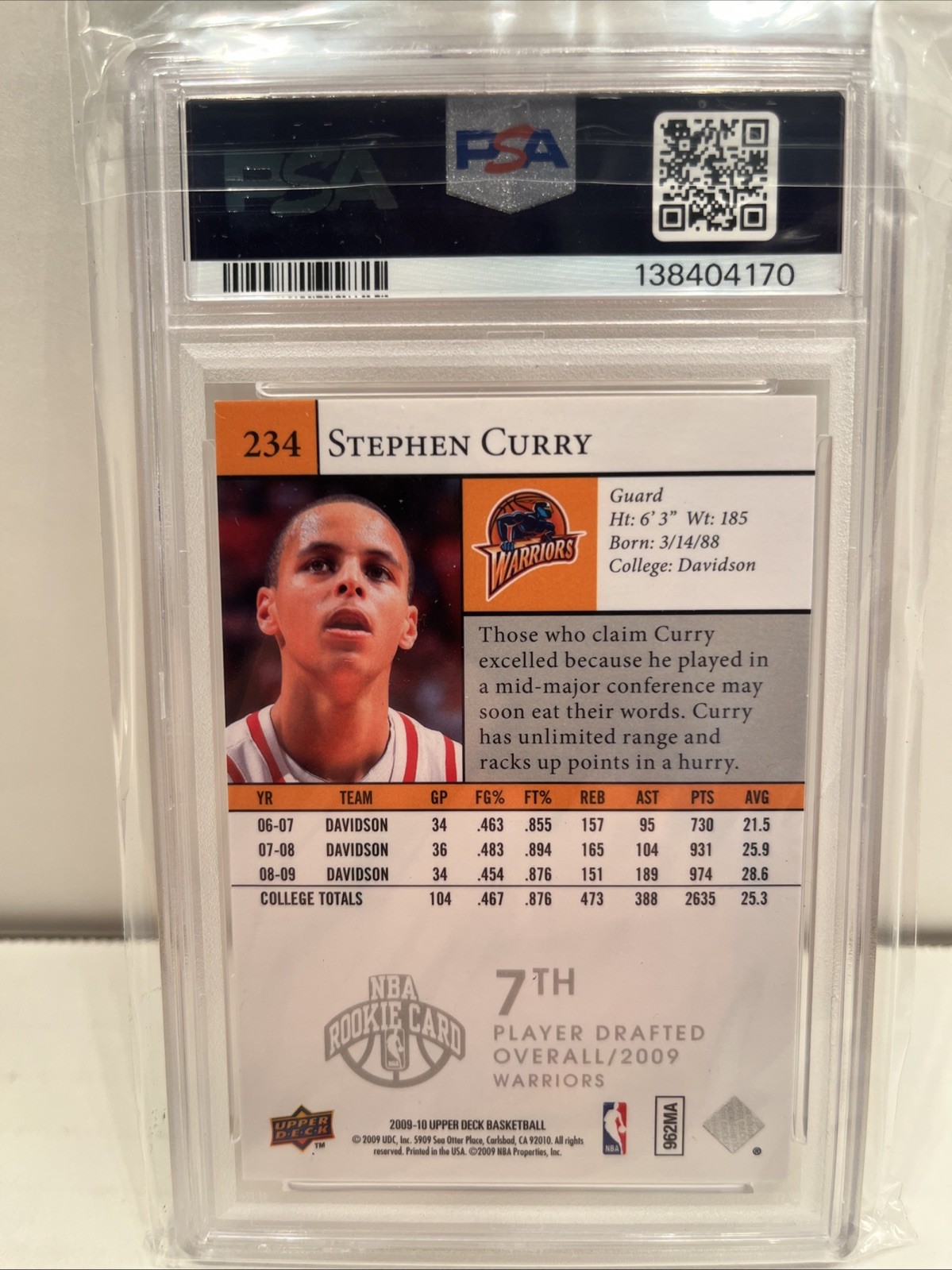 2009-10 Upper Deck - Star Rookies Stephen Curry #234 (RC) PSA 6 view 3