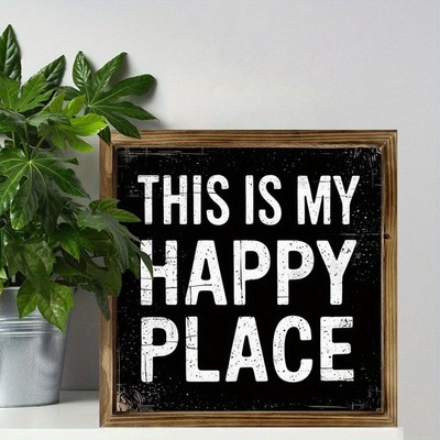 Rustic Black Chippy Paint Happy Place Quote Simple Text Wall Wooden Plaque Gift