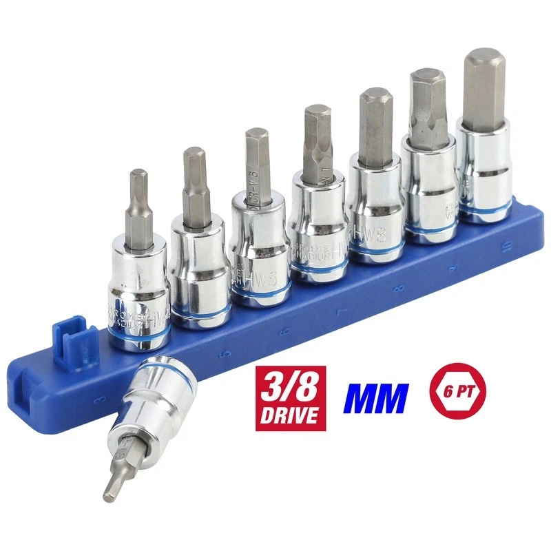 9-Piece 3/8 Inch Drive Metric Hex Socket Set Cr-V Steel Durable W/ Rail New - Image 2 of 4