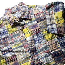 Brooks Brothers Shirt Mens MED Madras Patchwork Plaid Button Blue Yellow Preppy