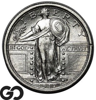Cuarto Standing Liberty 1917 tipo 1 cabeza fuerte elección AU /sin circular