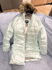 Lands End Light Blue Metallic Fleece Lined Parka Full Zip Hooded Girls XL 14-16