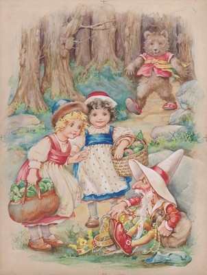 Snow White & Rose Red / Märchen fairy tale watercolor drawing Aquarell 19.Jh.