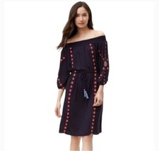 Loft Navy Blue Embroidered Tassel Tie Boho Off Shoulder Shirt Dress Medium NWT