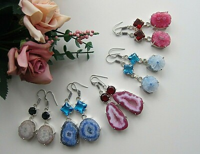 Achat \ Solarquarz Druzy Geode Ohrringe oder Anhänger Set - blau rosa beige grün