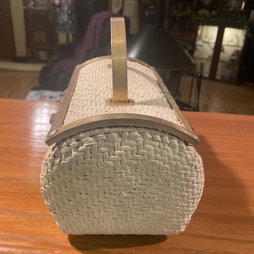 Vintage MCM 50er Off White Korb Gold Hardware Handtasche gewebte harte Seitentasche - Bild 3 von 11