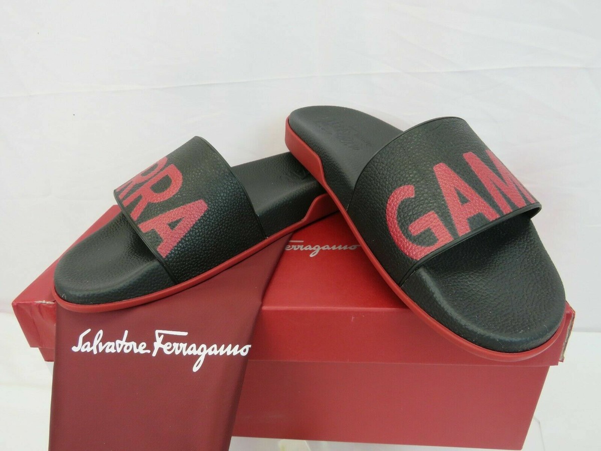 NIB SALVATORE FERRAGAMO AMOS BLACK RUBBER RED LETTERING LOGO