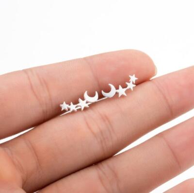 Unisex Titanium Tiny Punk Moon Stars Silver Earrings Stud