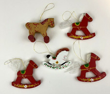 Lot Of 5 Vintage Wooden Horse Christmas Ornaments Taiwan Rocking  Wheeled