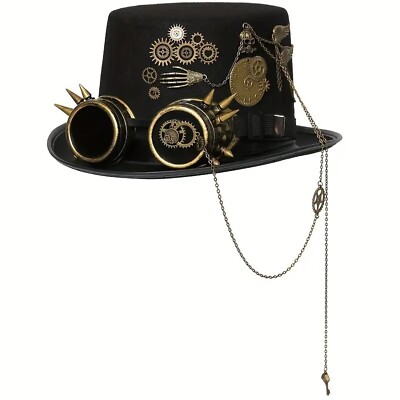 Steampunk Top Hat with Removable Goggles and Skull Chain - Perfect for Halloween