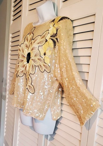 Nina Trading Co. 100% Silk Long Sleeve Sequin, Beaded Formal Top Size M - Picture 4 of 8