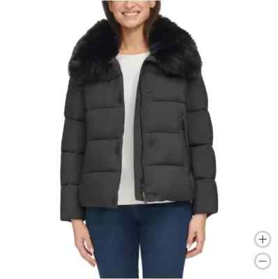 DKNY Woman's Puffer Jacket Faux Fur Collar Stretch Pockets Logo