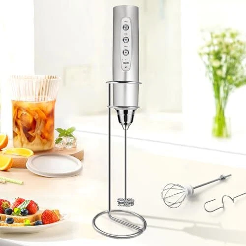 Milk Frother with Stand Rechargeable-Handheld Frother Wand Silver With Stand