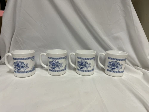 Set Of 4 Arcopal France Honorine Blue & White Coffee Tea Mugs Cups Milk Glass