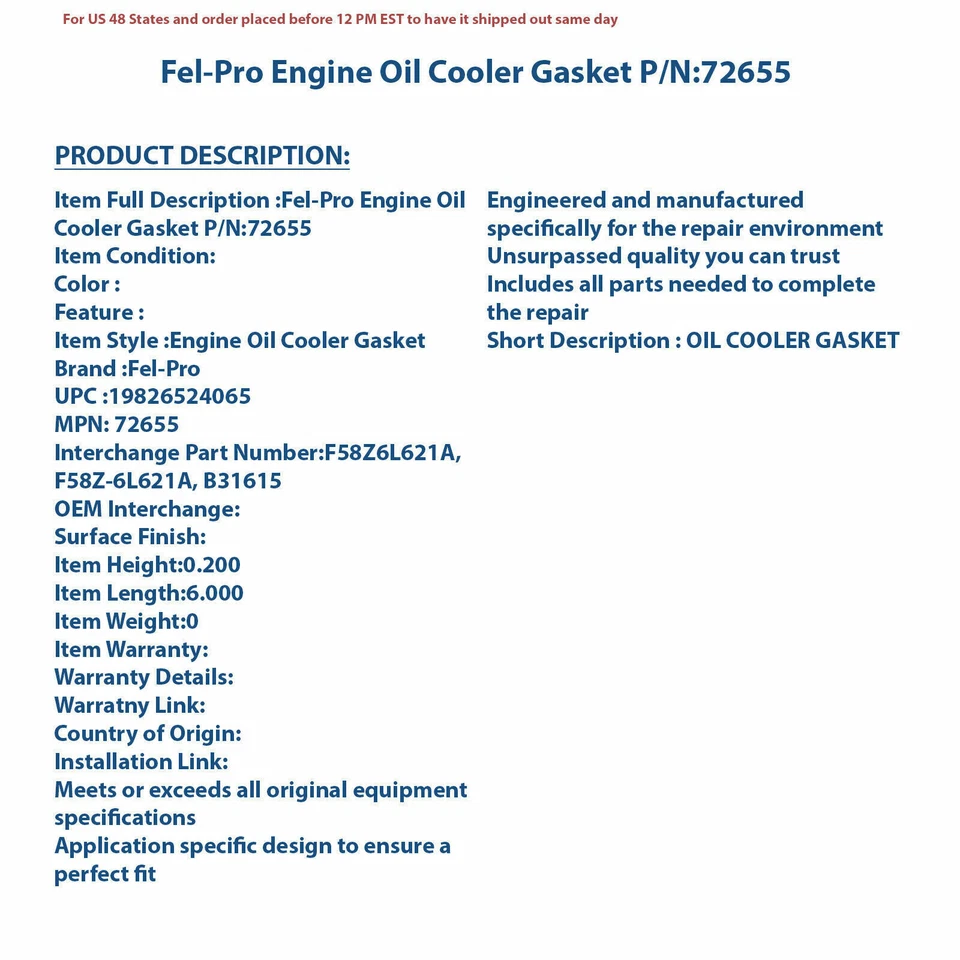 Fel-Pro Engine Oil Cooler Gasket 72655 | High-Quality Auto Part, Universal Fit f - Image 4 of 4