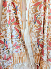 Silk Scarf Shawl Wrap Stole Dupatta Printed Stitch Bird Motif Soft Tassel 80x44"