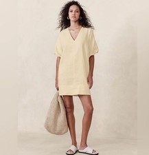 Banana Republic 100% Linen Yellow V-Neck Dolman Sleeve Shift Dress Women Sz M