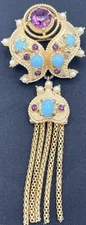 Hollycraft Victorian Revival Goldtone, Tasssel Brooch Blue & Purple Stones RARE