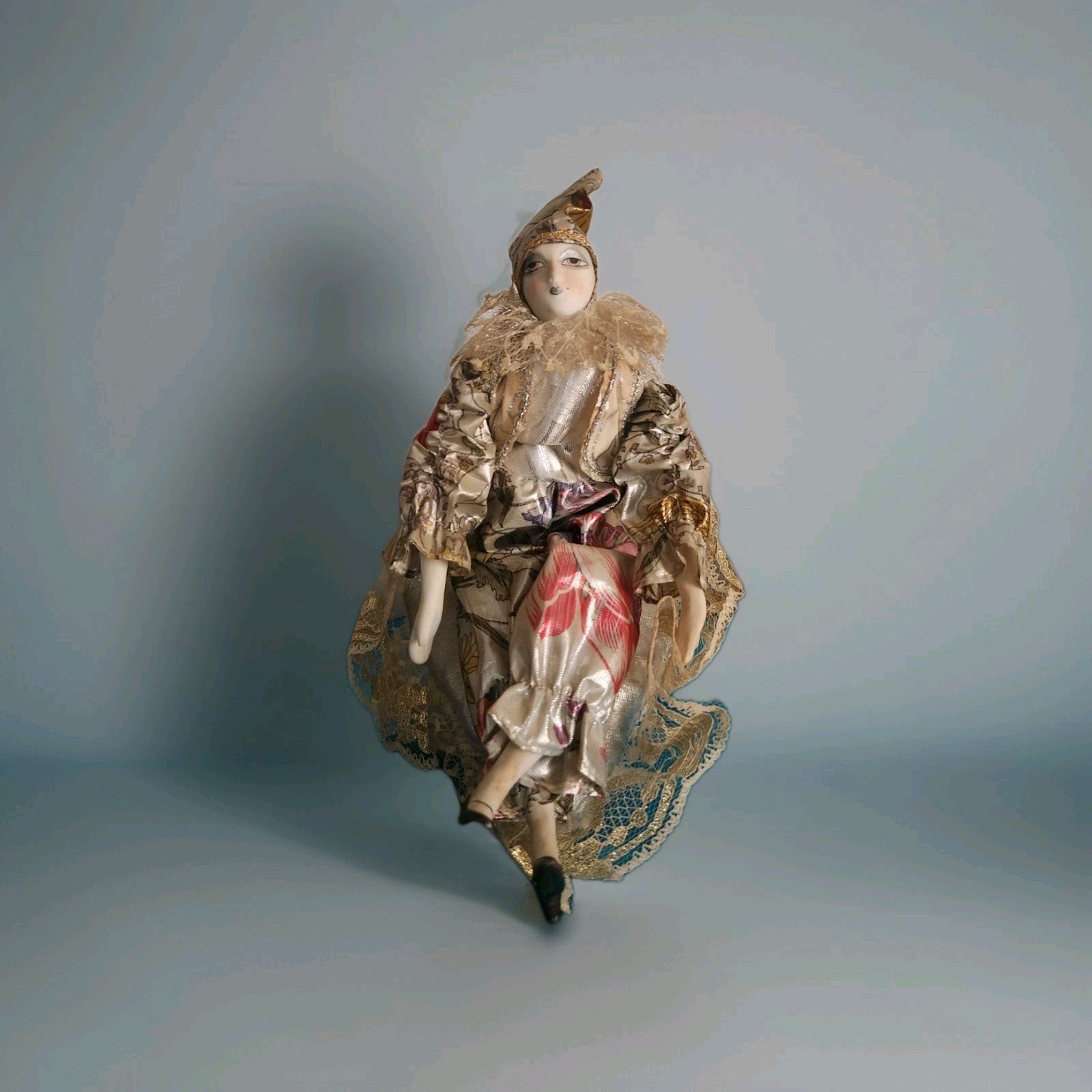 HARLEQUIN Porcelain Doll Mardi Gras Gold Dress Jester Clown Music Box Works