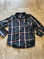 Victoria’s Secret Pajama Top Medium Green Plaid Button Up Brushed Cotton 