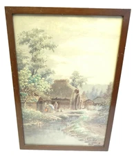 Vintage Old Signed Hayashi Water Wheel Grain Mill Landscape Watercolor Painting