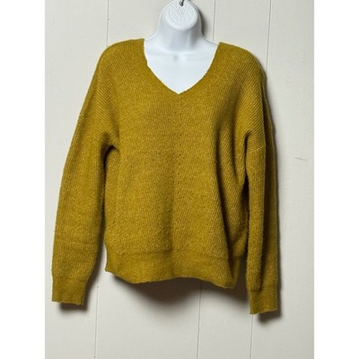 Promod Women's Mustard Chartreuse Ribbed V-Neck Knit Sweater Size Medium