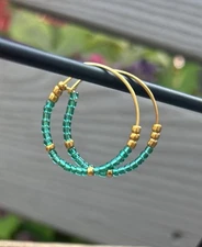 Green And Gold Beaded Hoop Earrings 
