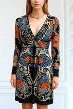 Vintage Y2K Dress Boho Geo Print Tribal Floral Retro Dress Deep V Neck Jersey M