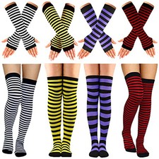 8 Pcs Womens Striped Knee High Socks Stockings Y2K 4-black/Yellow/Purple/Red