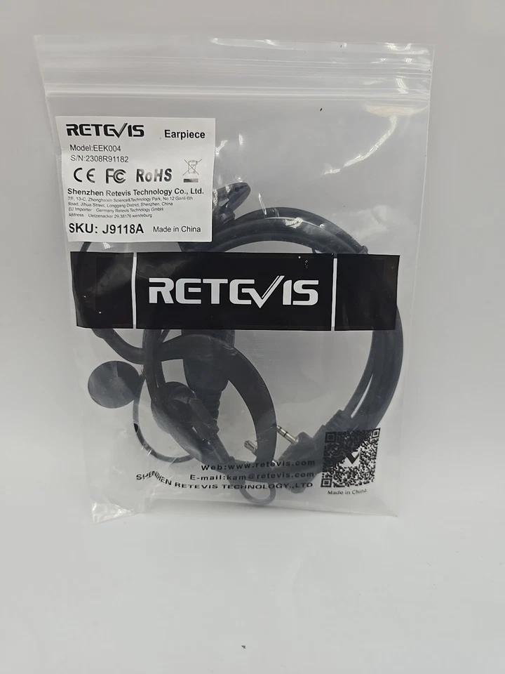 Retevis 2-Pin Ear hook Earpiece EEK004  W/ Collar Clip & PTT Button  Black - Image 2 of 4