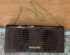 Vintage brown Crocodile Clutch Bag or shoulder w/ gold chain