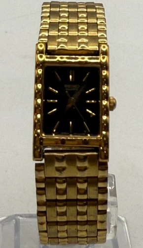 Seiko Tank Watch Women 16mm Black Dial Gold Tone Rectangle 1N01-5A69