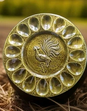 California Pottery Deviled Egg Plate 1969 Crowing Rooster Avocado Green 6901 