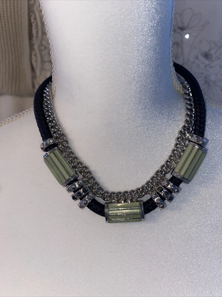 lia sophia Necklace Instaglam Statement Choker Blue Rope Green Silver 15-17" EUC - Image 2 of 4