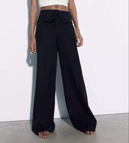 ZARA Black Linen Blend Wide Leg Turn-up Waist Pants Trousers Size L New!